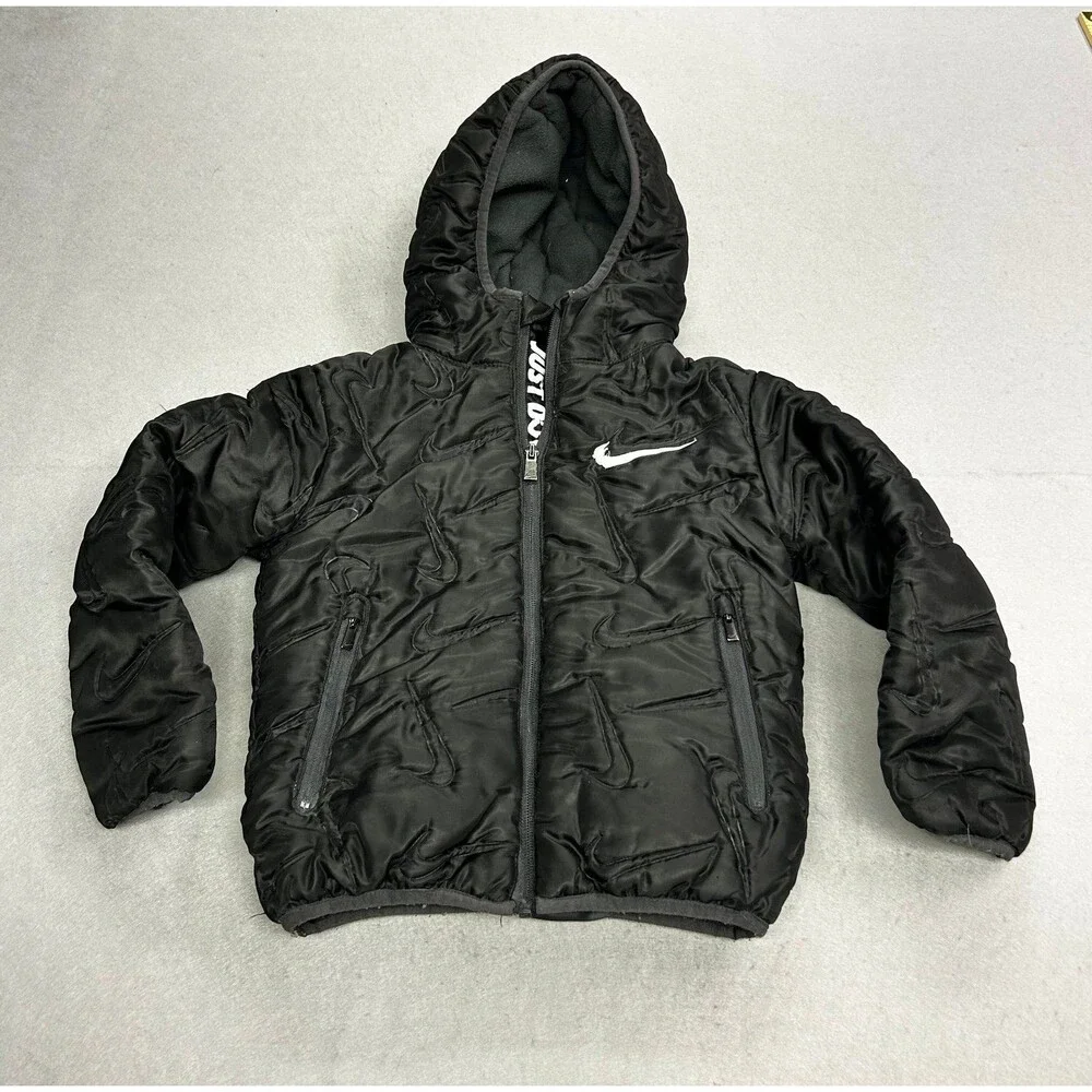 Kids Nike Puffer Jacket Black Hooded Winter Puffer Just Do It Swoosh Coat